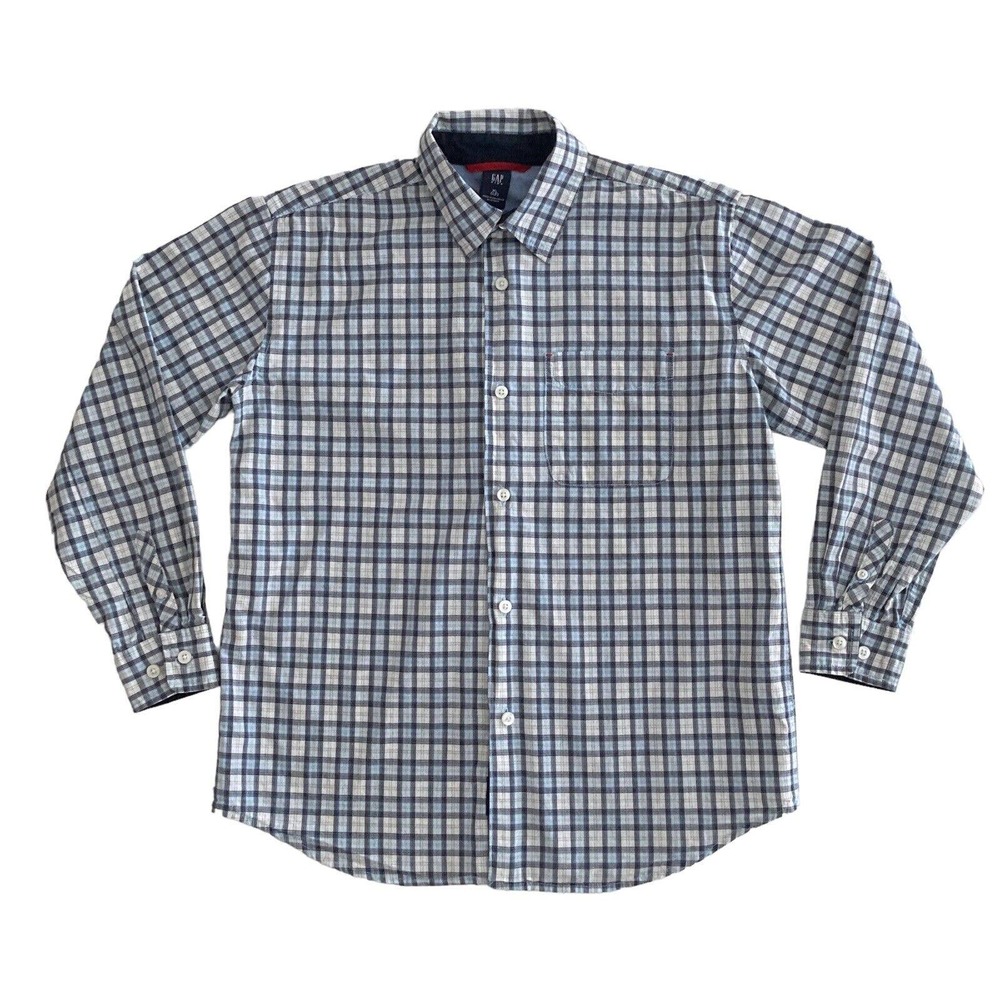 GAP Kids XL 12 Plaid SHIRT White Blue Gray button down Long Sleeve‎ Chest Pocket